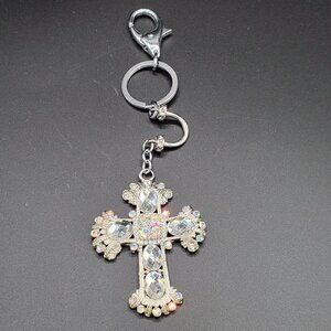 Key Chain Clip-On Rhinestone Silver Cross